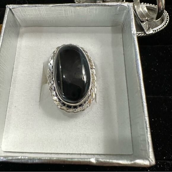 💕 Black onyx natural gemstone ring silver overlay stamped 925 adjustable